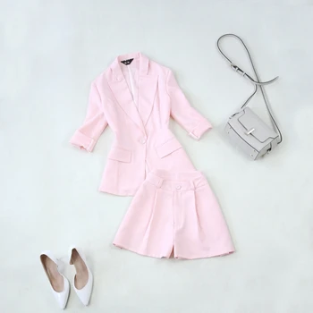 2 gabals uzvalks sieviešu pavasarī un vasarā jaunas liela izmēra rozā uzvalks jaka + plaša kāju augstās jostasvietas bikses plānas, augstas kvalitātes balts uzvalks