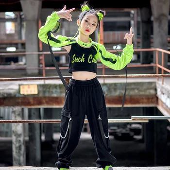 2022 Balles Hip Hop Deju Apģērbs Bērniem Zaļā Crop Topi Kravas Bikses Kpop Tērpiem Meitenēm Džeza Ielu Deju apģērbi DN12406