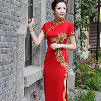 2022. gadam, Ķīniešu tradicionālā retro qipao kleita austrumu ao dai zelta spieduma sieviešu vintage qipao kleita sievietēm sexy puse kleita a46
