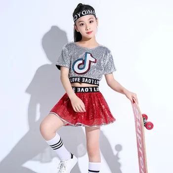 2pcs Set Meitene Džeza Deju Tērpi Meitenēm Bērniem Posmā Deju Apģērba Pakļauti Nabas Jūra Mazulis Hip hop Sequin Deju Tērps