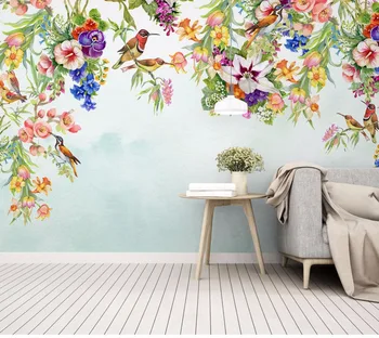 3D Krāsains Roku apgleznoti ziediem, putnu Tapetes Art sienas Sienas Dzīvojamā Istabā TV fona Guļamistabas sienas Sienas Ziedu Tapetes