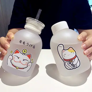500ml Laimīgs Kaķis Plastmasas Pudeles BPA Free Karikatūra Caurspīdīgs/Matēts Ūdens Pudelēs, hermētiskos Drinkware Gudrs Students Kausa Pudeles