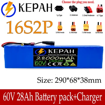60V 16S2P 28Ah 18650 Li-ion Batterie Pack 67.2 V 28000mAh Ebike velo Electrique Scooter avec BMS 1000 Vati BMS prise