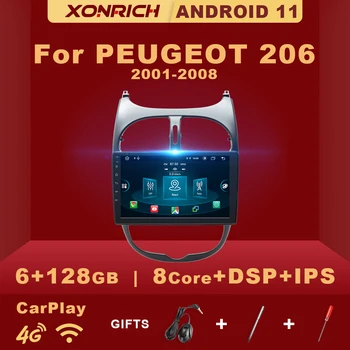 6GB+128GB Android 11 Carplay Auto Radio Multimediju Atskaņotāju Peugeot 206 2001-2008 Autoradio GPS 4G Wifi Navigācija Nav 2Din DVD