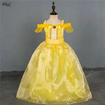 Ainclu Toddler Meitenes Vasaras Belle Kleitas Princeses Kostīms Puse Apģērbu Skaistums un Zvērs, Dzeltenā Kleita bez Piedurknēm Apģērbs