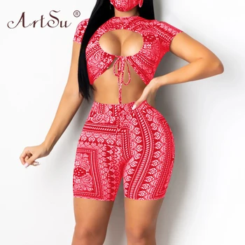 ArtSu Sexy Backless Grafiskais Īsām Piedurknēm Kultūraugu Top Šorti Mežģīnēm Līdz Divu Gabals, Kas Sievieti Izdilis Tērpiem Streetwear Black Red