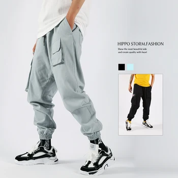 Augstas Kvalitātes Jaunais Black Gadījuma Bikses Vīriešu tīrtoņa Krāsu Kombinezoni Joggers Multi-kabatas Retro Modes Hip-hop Zaudēt Sporta Bikses