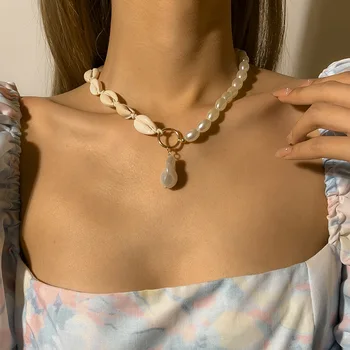 Bohemian Asimetrisks Imitācijas Pērles, Gliemežvāki sānslīdi kaklasaite Vasaras Kaklarota Sievietēm Dabas Sea Shell Laikā Kaklarota Beach Collare