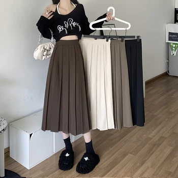 Brūna Ilgi Kroku Svārki Sievietēm Korejas Modes Jaunu Vintage Augsto Vidukli, Zaudēt Līnijas Kritums Tērps-Svārki 4 Krāsas