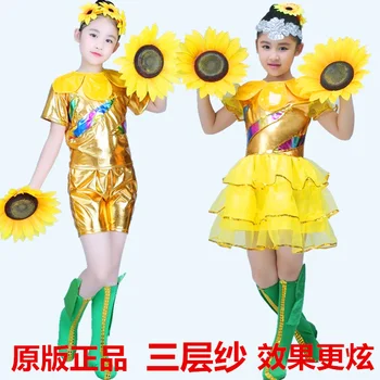 Bērnu dejas, skatuves kostīmu saulespuķu kleita Grupas deju kopa zeķes + 2 saulespuķes