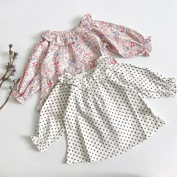 Bērnu kokvilnas topi ar garām piedurknēm dot modelis, balts, rozā krāsa, baby meiteņu blūze 73-110