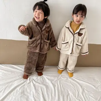 Bērnu Pidžamas atbilstoši Bērniem vienkrāsainu Gudrs Plīša Lācis Pidžamā Mājas Apģērba Komplekts Zēniem un Meitenēm Pidžamas divdaļīga Ziemas Drēbes