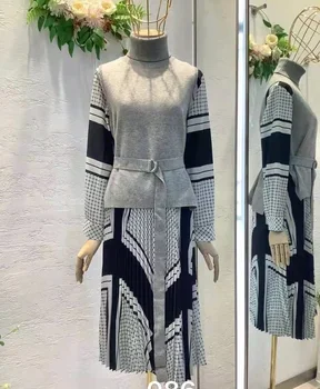 Divas Gabals Komplekti 2022. Gada Pavasarī, Agrā Pavasarī Modes Dizaineru Apģērbu Uzvalks Sievietes Augstu Uzrullētu Apkakli Trikotāžas Veste Top+Ar Garām Piedurknēm Kleita Komplekts