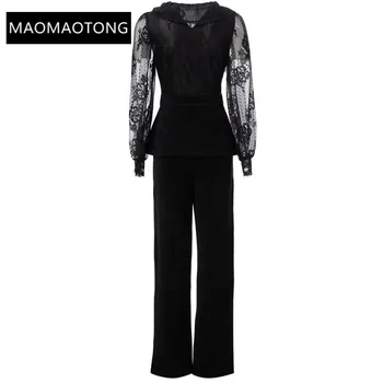 elegants sieviešu apģērbu luksusa komplekti, kostīmi, žakete 2022. gada Rudens V-veida Kakla Mežģīnes Laternu Piedurknēm Topi + Samta Garas Bikses Divas Gabals, kas