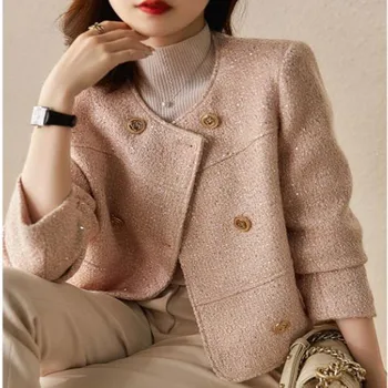 Franču stilā pavasara rudens tvīda jaka sievietēm double krūtīm, o-veida kakla īss outwear