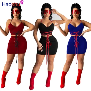 HAOOHU Divas Gabals, kas Vasaras Drēbes Sievietēm Backless Kultūraugu Top Pārsējs Bodycon Mini Kleita Seksīgas Brīvdienas Tērpiem atbilstības Komplekti