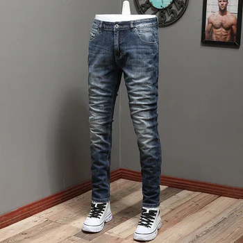 Itāļu Stilā Vintage Modes Vīriešu Džinsi Retro Zilā Klasiskās Bikses Elastīgs Slim Jeans Vīriešu Ikdienas Dizainera Džinsa Bikses Hombre