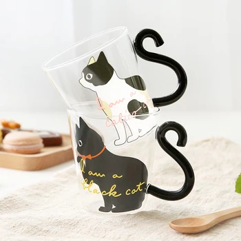 Japāņu Stila Melns un Balts Kaķis karstumizturīga Stikla Pudeles, Sadzīves Radošo Brokastis Tase Piena Kafijas Tasi KEDICAT