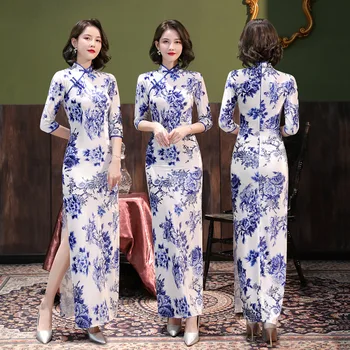 Jauno Modes Drukāt Tradicionālā Ķīniešu Cheongsam Zilā Un Baltā Porcelāna Qipao Austrumu Sievietes Elegants, Slaids Gara Kleita Kleitas