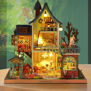 Jaunu Rotaļlietu DIY Koka Leļļu Mājas Komplekts Miniatūras Ar Mēbelēm, Gaismas Casa Villa Namiņš Rotaļlietas Pieaugušajiem Draugu Dzimšanas dienas Dāvanas
