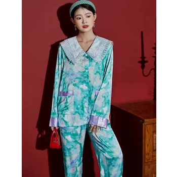 Jaunā Luksusa Zaudēt Satīna Blue Print Sleepwear Zīda Wome ir Pidžamas Komplekti ar garām Piedurknēm Bikses Pijamas Sieviešu Naktsveļu Atpūtas Mājas Tērps