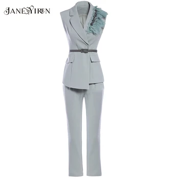 Jianyiren Modes Dizainera Uzvalks Pavasara Rudens Sieviešu Kristāla Tērps, Tops+3/4 bikses Divu gabals, kas