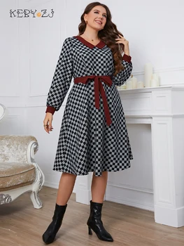 KEBY ZJ Plus Lieluma Sieviešu Apģērbu Vintage Gadījuma garām Piedurknēm Puse Kleitas, Elegants Rudens Ziemas Jostas-Line Liela Izmēra Kleita