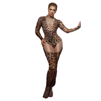 Leopard Sexy Garām Piedurknēm Jumpsuits Sievietēm, Naktsklubs Balli Apģērbu Dziedātāja Skatuves Tērpi, Pole Deju Apģērbi Karnevāla Tērpiem