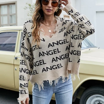 LUOYIYANG Gadījuma Sieviešu Džemperis ar garām Piedurknēm Topi Brīvs Modes Vēstules V-veida kakla Caurumu Trikotāžas Džemperis Sievietēm Rudens