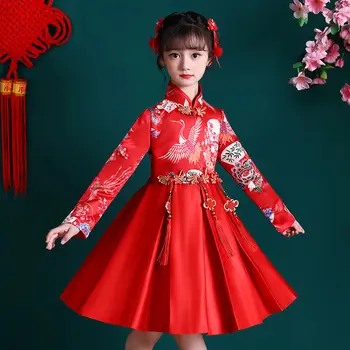 Meitene Cheongsam Ziemas Ķīniešu Jaunais Gads Kleita Bērni Izšuvumi Princese Kleitas Bērnu Tang Uzvalks Tradicionālo Kāzu Qipao Puse