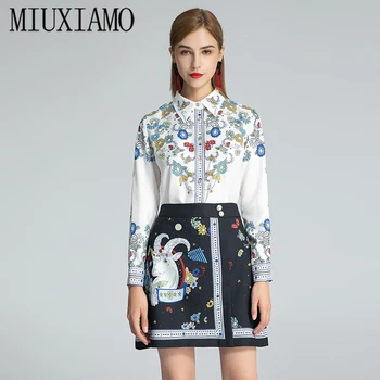 MIUXIMAO Labākās Kvalitātes 2020 Biroja Dāma Rudenī Twinset Elegants Puse Piedurknēm Top Luksusa Zvaigžņu dzīvnieku Print Tērpi Sievietēm Vestido