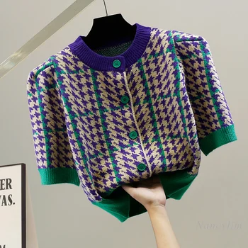 Modes Houndstooth Jaciņa Sievietēm Ar Īsām Piedurknēm Džemperis Krāsu Saskaņošanas Puff Piedurknēm Korejiešu Stilā Jaunu Gadījuma Novājēšanu Apgrieztu Augšu