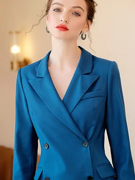 Peacock Blue Kleita, Uzvalks, Sievietēm OL Style Biznesa Oficiālu Darbu Valkā Biroja Dāmas Apģērbu Dubultā Krūtīm Slim garām Piedurknēm Kleitas