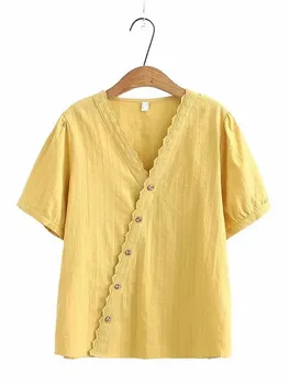 Plus Lieluma Sieviešu Apģērbu ar Īsām Piedurknēm T-Krekls ar V veida Kakla Kokvilnas Mežģīņu Veļa Ar Pogām, Priekšpusē Liela Izmēra Vasaras Plānas Krekls 4XL