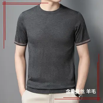 Rudens Augstas kvalitātes 100% Super Fine Zīda ar Zemu Kakla T-kreklu Apkakles vienkrāsainu Adīt vīriešu Īsām Piedurknēm Apaļu Kakla Gadījuma Bāzes Krekls