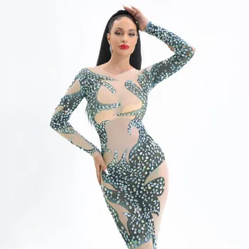 Sievietes Dziedātāja Uzņēmēja Modelis Catwalk Kleitas Seksīgais Skatuves Tērps Slavenību Dzimšanas Dienas Drukāšanas Rhinestones Acs Pārredzamu Gara Kleita