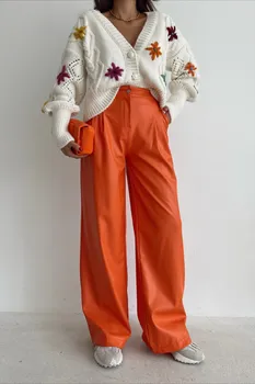 Sieviešu Rudens Mākslīgās Ādas Taisnas Bikses Ar Augstu Vidukli, Zaudēt Bikses Dāmas Gadījuma Modes Bikses, Capri Elegants Vintage Streetwear