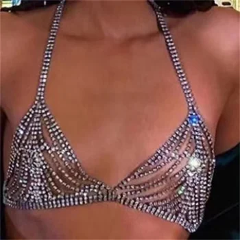 Sieviešu seksīgi spīdīgu Rhinestone acs linga ķermeņa ķēdes juvelierizstrādājumu modes bikini kristāla krūts ķēdes krūšturis apakšveļu naktsklubs accessor