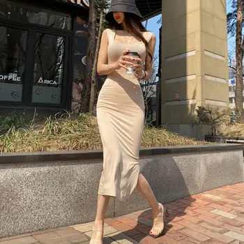 Sieviešu Vasaras Sundresses 2022 korejas Modes Elegants Kleitas Laukumā Apkakles Tvertne Bodycon Kleita Drēbes, Seksīga Sieviete Midi Vestidos