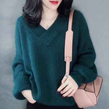Sieviešu vienkrāsainu v-veida kakla džemperis ir 2021. jaunu modes rudens/ziemas vaļīgu 100-gabals trikotāžas džemperis sieviešu apģērbs