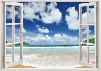Skaistas pludmales, sienas uzlīmes 3D loga, pludmale sienas decal, krāsains sunny beach skaidras debesis, vinila sienas uzlīme, sienas debesis mākoņi mur