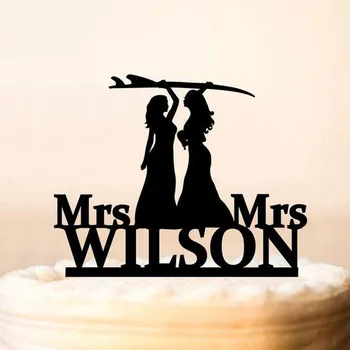 Surf Pāris Lesbiešu kāzu kūka topper,Kundze un Kundze Lesbiešu kāzas,viendzimuma kūka topper,kundze un kundze kāzu cilindrs siluets