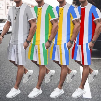 Svītru Drukāšanas Vasaras Vīriešu Komplekti, Nestandarta Apģērbu 2 Gabals Šorti Tērpiem O-veida Kakla Īsām Piedurknēm T-kreklu Komplekts Streetwear Tracksuit