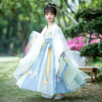 Vasaras bērnu Jaunas Super Pasaku Hanfu Ķīniešu Stilā Kirt garām piedurknēm Marli Svārki Seno Tērpu Maz Ziedu Meitene Kleita