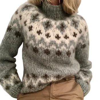 Vintage Iespiesti Trikotāžas Džemperis Sieviešu Ziemas Modes Augstu Uzrullētu Apkakli Ar Garām Piedurknēm Dāmas Silts Blūze Ielu Ikdienas Mīksti Džemperi, Topi