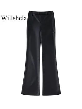 Willshela Sieviešu Modes PU Cietā Priekšā Rāvējslēdzējs Vintage Bikses ar Augstu Vidukli Sieviešu Šiks Lady Boot Cut Bikses