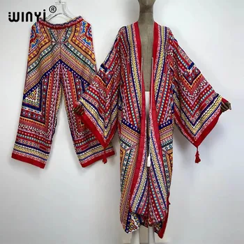 WINYI divdaļīgs kostīms kimono jaunu taisnu kāju bikses Bohēmijas Drukāts Vairāk nekā Lieluma Zvaigzne Kleita Sievietēm Elastīgu Grīdas Garums Jaunu kaftan