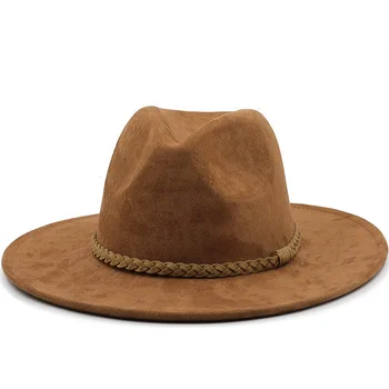 Zamšādas Fedora Cepures Sievietēm 8cm Platām Malām Kleita Vīriešu Cepures Nodilušas Cepure Panama Baznīcas Kāzu Lentes Joslu Vīriešu Cepure Sombreros Mujer De