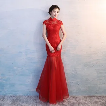 Ķīniešu Sievietes Sirēna Cheongsam Viedokļa Sarkano Acu Līgava Kāzu Qipao Eleganti Izšuvumi Ziedu Kleitas Lielajam 3xl Vestidos